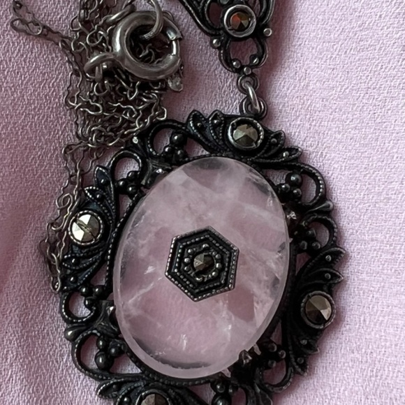 ANTIQUE ROSE QUARTZ MARCASITE STERLING SILVER NECKLACE PENDANT W/CHAIN GERMANY
